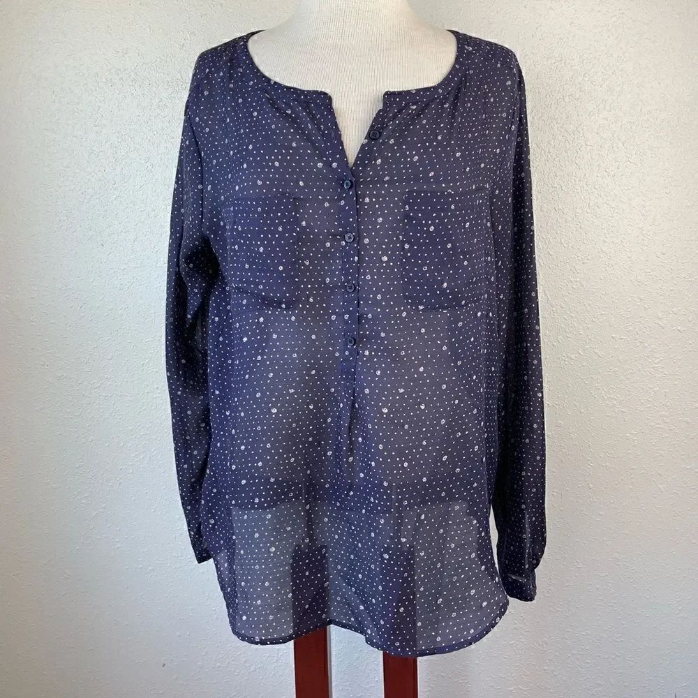 LOFT Sheer Navy Blue Button Down Top Size L EUC